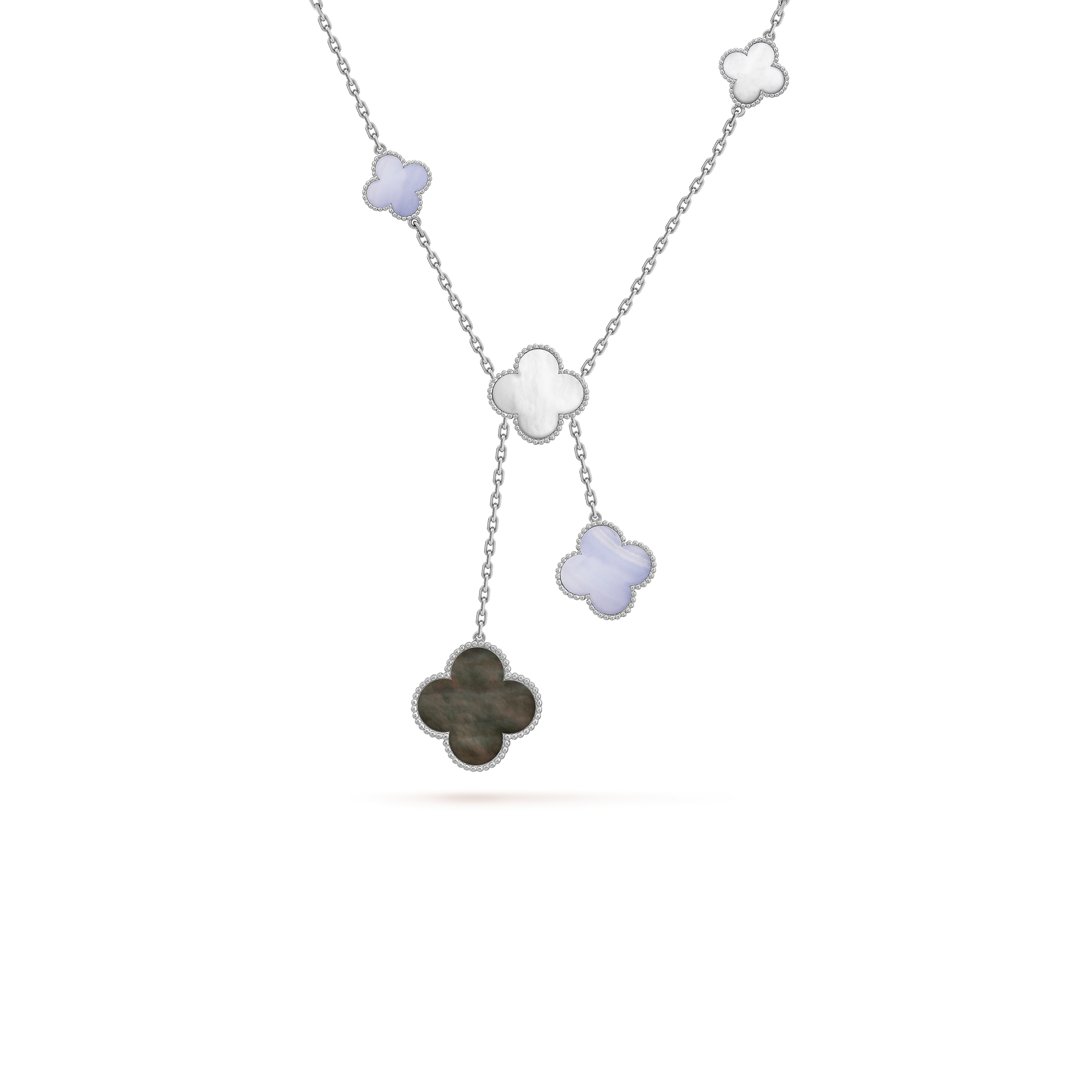 V*N CL*F arpels magic alhambra necklace, 6 motifs - white gold, chalcedony, mother-of-pearl  vcarn18900